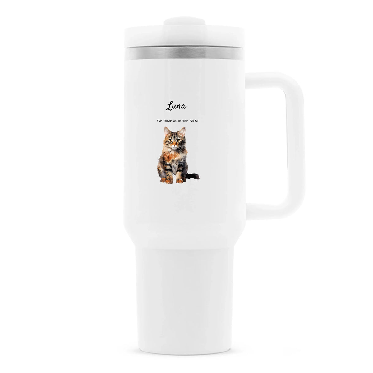 Personalisierter Thermobecher mit Katze-Name, Spruch & Wunschmotiv