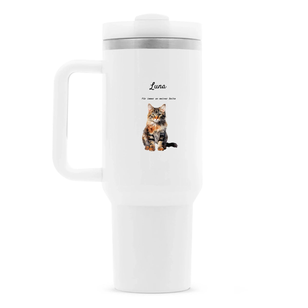 Personalisierter Thermobecher mit Katze-Name, Spruch & Wunschmotiv