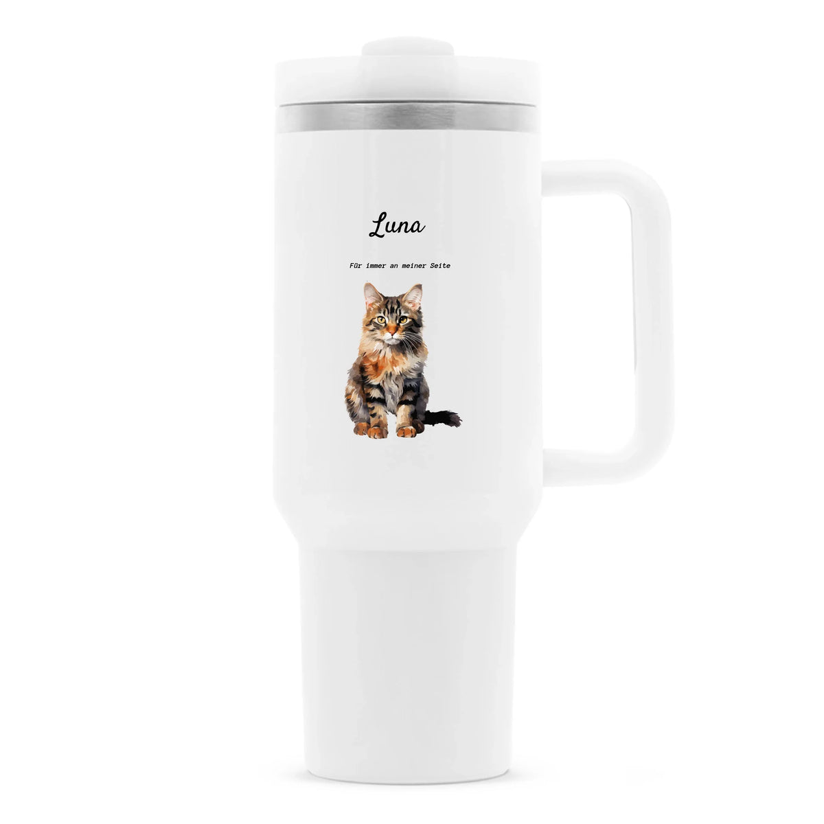Personalisierter Thermobecher mit Katze-Name, Spruch & Wunschmotiv