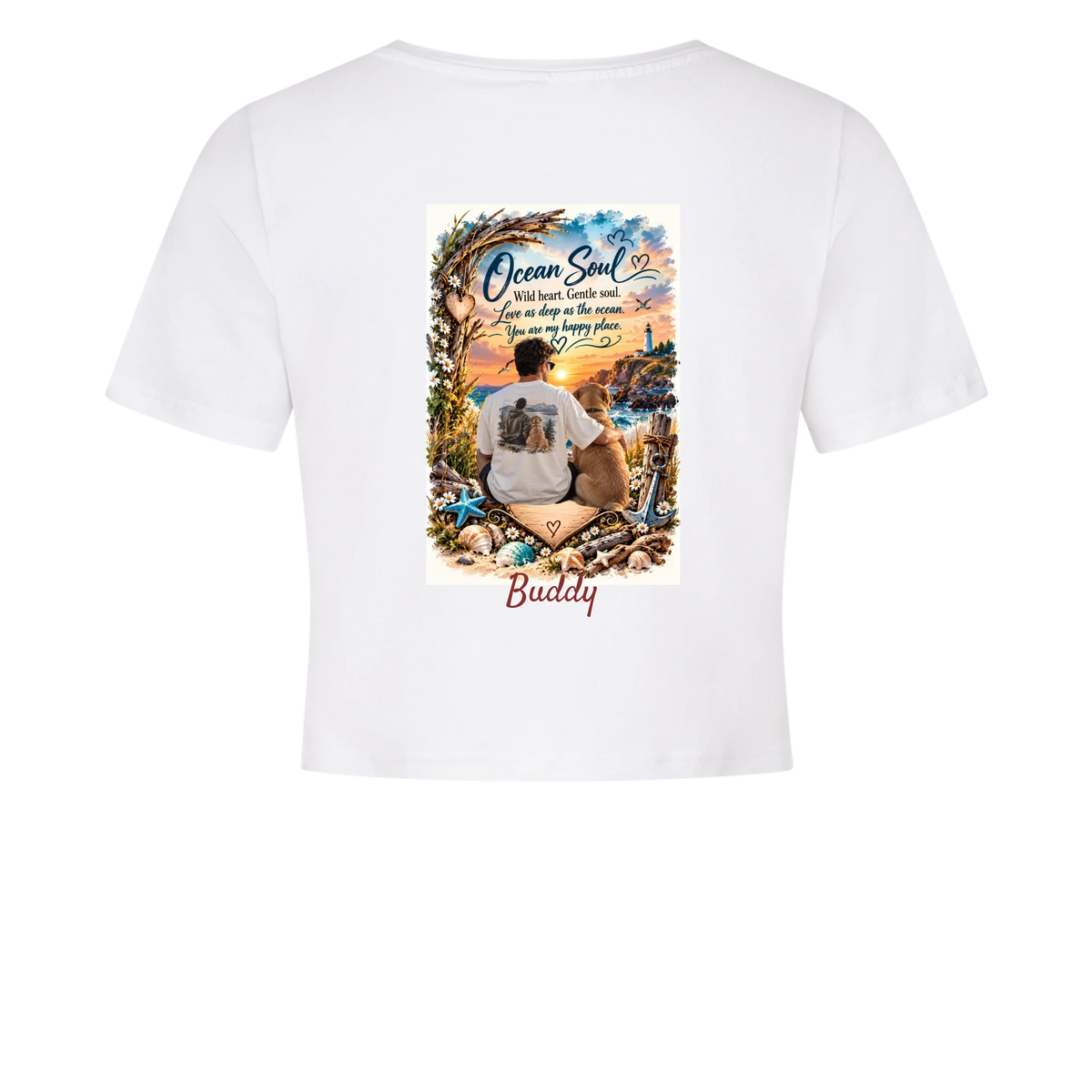 Personalisiertes Damen-Crop-Top mit Wunschhintergrund, Hundemotiv & Namen